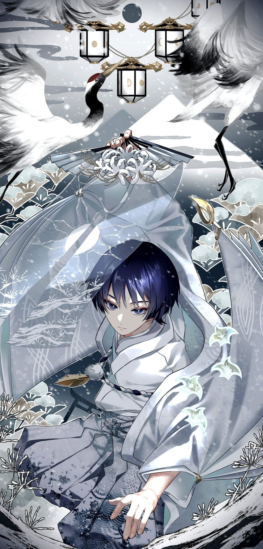 1boy arm_up bangs bird black_eyes black_hair blunt_ends cha_hanare closed_mouth cloud commentary_request crane_(animal) egasumi eyeshadow feathers flower folding_fan genshin_impact grey_background grey_hakama hakama hakama_pants hand_fan haori highres holding holding_fan jacket japanese_clothes kimono lantern leaf long_sleeves looking_at_viewer makeup male_focus open_clothes open_jacket pants parted_bangs pom_pom_(clothes) red_eyeshadow rope scaramouche_(genshin_impact) seigaiha short_hair sidelocks snow snowing solo torii white_flower white_jacket white_kimono wide_sleeves
