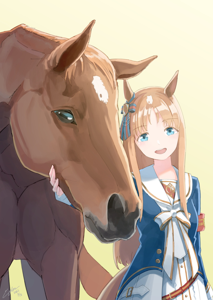 1girl :d absurdres animal_ears armband birthday blue_eyes brown_hair creature_and_personification dated grass_wonder_(racehorse) grass_wonder_(umamusume) happy_birthday highres horse horse_ears horse_girl horse_tail long_hair looking_at_viewer multicolored_hair sailor_collar signature simple_background smile tail umamusume utachy yellow_background