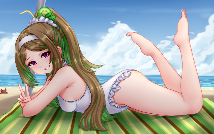 1girl beach blue_sky borrowed_character borrowed_design breasts brown_hair casual_one-piece_swimsuit cloud commission crab day djloops english_commentary frilled_one-piece_swimsuit green_eyes highres long_hair lying multicolored_hair on_stomach one-piece_swimsuit original outdoors ponytail purple_eyes sky small_breasts solo streaked_hair swimsuit v white_one-piece_swimsuit