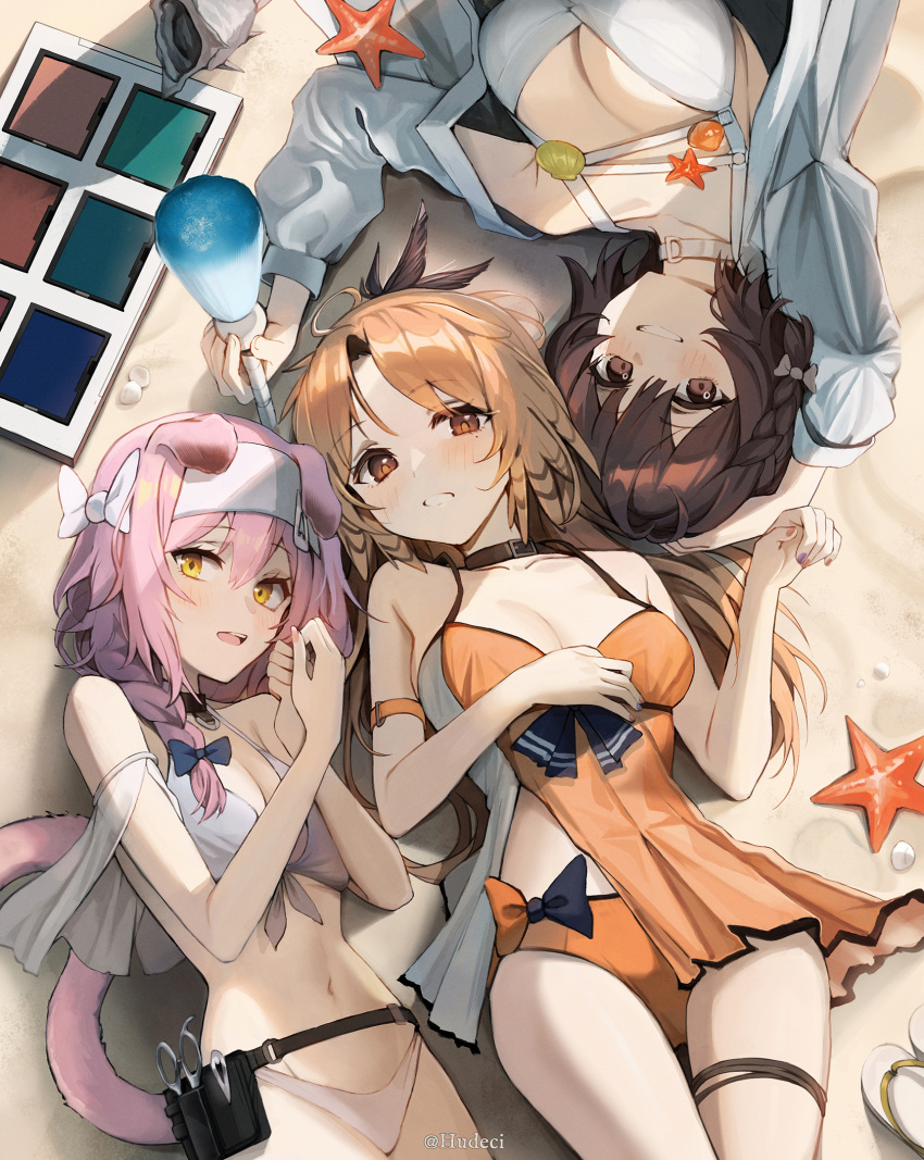 3girls :d animal_ears arknights arms_up bangs bare_shoulders beruko14 bikini black_bow blush bow braid breasts brown_eyes brown_hair cat_ears cat_girl cat_tail cleavage collar day feather_hair goldenglow_(arknights) grey_jacket hair_bow hair_over_shoulder hairband highres holding jacket large_breasts long_hair long_sleeves lying makeup_brush mole mole_under_eye multiple_girls navel official_alternate_costume on_back on_ground open_clothes open_jacket open_mouth orange_bikini outdoors parted_bangs parted_lips pinecone_(arknights) pink_hair roberta_(arknights) roberta_(summer_flowers)_(arknights) seashell shell short_hair side_braid single_braid smile starfish swimsuit tail thigh_gap twitter_username very_long_hair white_bikini white_bow white_hairband yellow_eyes