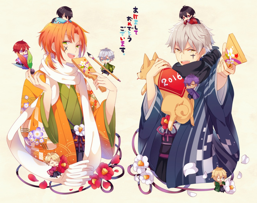 2016 6+boys :d bangs black_hair black_jacket black_sash black_scarf blonde_hair calligraphy_brush camellia checkered_clothes commentary_request cropped_torso dark-skinned_male dark_skin dog ensemble_stars! facepaint floral_print flower green_eyes green_kimono grey_hair hagoita hakaze_kaoru hands_up hane_(hanetsuki) hanetsuki haori holding holding_paddle jacket japanese_clothes kimono kina_(446964) knights_(ensemble_stars!) long_sleeves looking_at_viewer male_focus medium_hair miniboy multiple_boys narukami_arashi obi obiage obijime ogami_koga open_clothes open_jacket open_mouth orange_hair orange_jacket otogari_adonis outstretched_arm paddle paintbrush parted_bangs petals purple_hair red_flower red_hair red_sash sakuma_rei_(ensemble_stars!) sakuma_ritsu sash scarf sena_izumi_(ensemble_stars!) shiba_inu short_hair sidelocks simple_background smile suou_tsukasa teeth translation_request tsukinaga_leo undead_(ensemble_stars!) upper_body upper_teeth_only v-shaped_eyebrows white_flower white_scarf wide_sleeves yellow_eyes