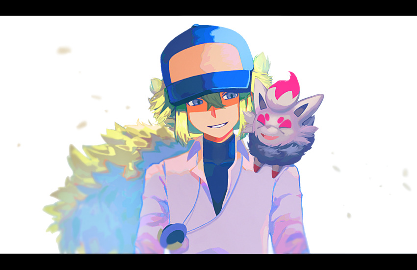 1boy bangs baseball_cap black_undershirt collared_shirt commentary_request green_hair grey_eyes hair_between_eyes hat jewelry long_hair male_focus n_(pokemon) necklace on_shoulder parted_lips pokemon pokemon_(creature) pokemon_(game) pokemon_bw pokemon_on_shoulder shirt smile undershirt upper_body white_background zero_(sleepy_meltan) zorua