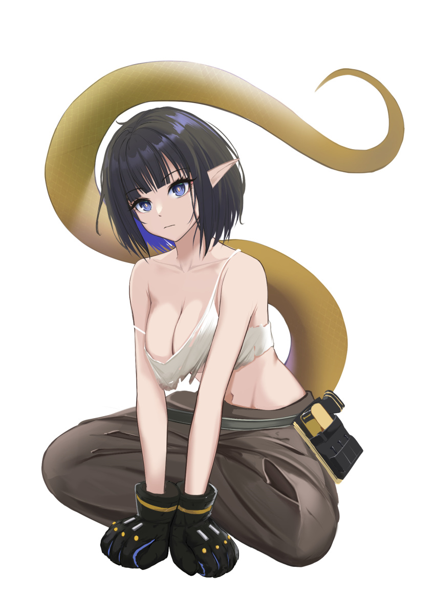 1girl arknights bangs bare_arms bare_shoulders black_gloves black_hair black_pants blue_eyes blunt_bangs breasts camisole cleavage collarbone commentary_request eunectes_(arknights) eunectes_(forgemaster)_(arknights) evjvd gloves highres large_breasts looking_at_viewer official_alternate_costume pants partial_commentary pointy_ears short_hair sitting snake_tail solo spaghetti_strap strap_slip tail
