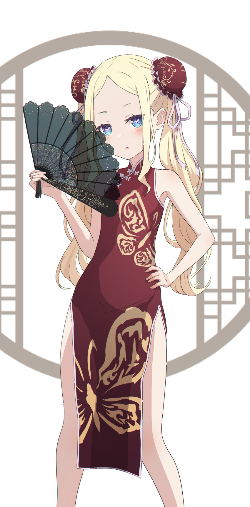 1girl absurdres bare_shoulders beatrice_(re:zero) blonde_hair blue_eyes blush butterfly-shaped_pupils camui1104 china_dress chinese_clothes collared_dress double_bun dress feet_out_of_frame forehead hair_bun hair_ornament hair_over_shoulder hair_ribbon hand_fan hand_on_hip highres holding holding_fan long_hair looking_at_viewer open_mouth paper_fan pink_ribbon print_dress re:zero_kara_hajimeru_isekai_seikatsu red_dress ribbon sidelocks simple_background solo standing white_background