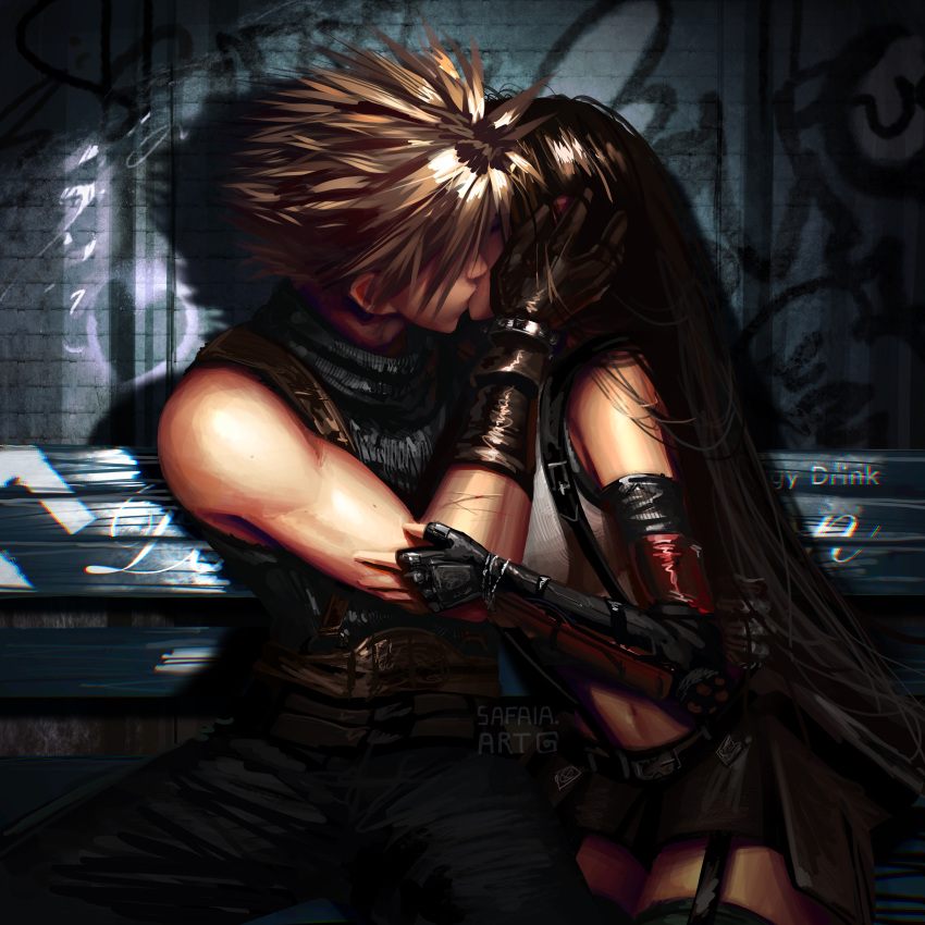 1boy 1girl absurdres arm_guards bare_shoulders bench black_gloves black_hair black_skirt black_thighhighs blonde_hair breasts brown_gloves cloud_strife couple crop_top english_commentary final_fantasy final_fantasy_vii final_fantasy_vii_remake fingerless_gloves gloves hand_on_another's_arm hand_on_another's_face hetero highres kiss large_breasts long_hair midriff navel ribbed_sweater safaiaart sitting skirt sleeveless sleeveless_turtleneck spiked_hair suspender_skirt suspenders sweater tank_top thighhighs tifa_lockhart turtleneck turtleneck_sweater white_tank_top zettai_ryouiki