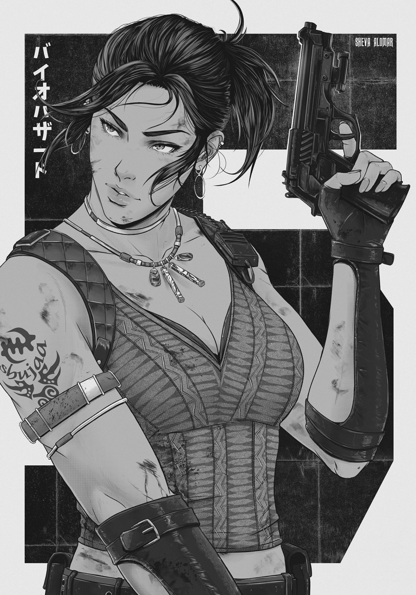 1girl belt_pouch blood breasts bruise character_name choker cleavage commentary completion_time dark-skinned_female dark_skin earpiece earrings english_commentary fingerless_gloves fingernails gloves greyscale gun handgun highres holding holding_gun holding_weapon injury jewelry jhony_caballero laser_sight lips looking_to_the_side medium_breasts monochrome necklace pouch resident_evil resident_evil_5 sheva_alomar short_ponytail shoulder_tattoo sleeveless solo tattoo trigger_discipline upper_body v-neck vambraces very_dark_skin walkie-talkie weapon