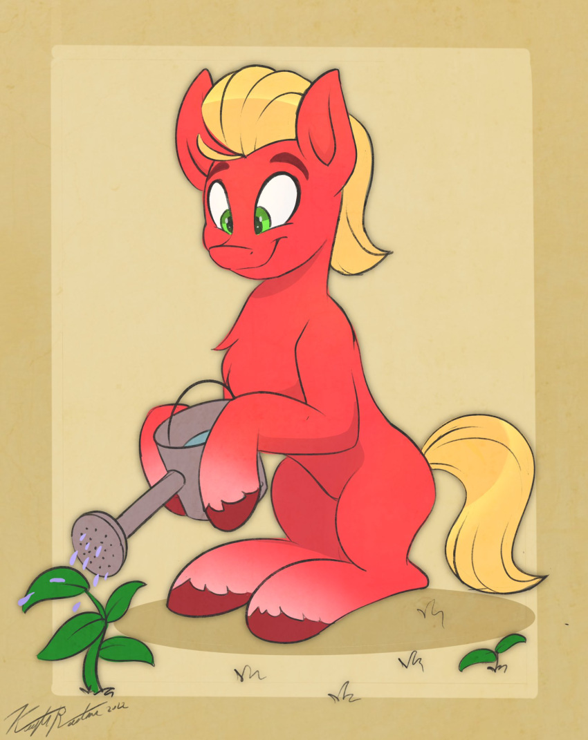 2022 blonde_hair blonde_mane digital_media_(artwork) earth_pony equid equine eyebrows fetlocks fur green_eyes hair hasbro hi_res holding_object hooves horse kaylerustone looking_down male mammal mane mlp_g5 my_little_pony plant pony red_body red_fur red_hooves sitting smile solo sprout_cloverleaf_(mlp) tail water watering_can yellow_tail