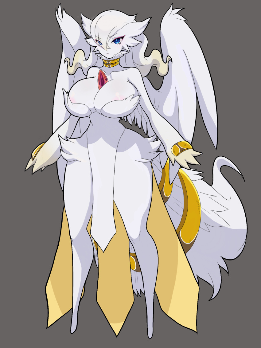 2023 4_fingers areola areola_slip big_breasts blue_eyes breasts collar eye_through_hair featureless_feet female fingers fluffy fluffy_tail fusion gardevoir generation_3_pokemon generation_5_pokemon gold_(metal) gold_jewelry grey_background hair hi_res humanoid jewelry legendary_pokemon nintendo not_furry pokemon pokemon_(species) pokemon_fusion reshiram simple_background solo tail thick_thighs translucent translucent_hair tuft white_body white_hair zacianswords