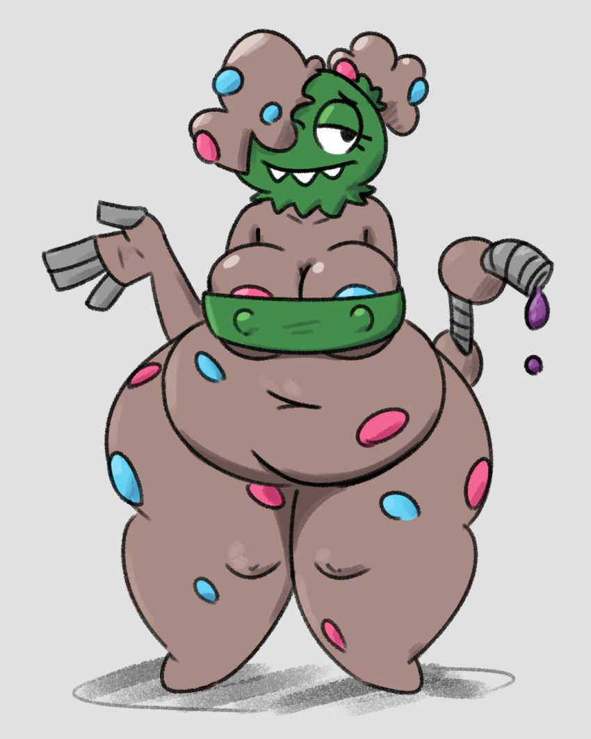 animate_inanimate areola areola_slip black_eyes blue_areola bottom_heavy bottomless breasts brown_body cleavage clothed clothing eyelashes female garbodor generation_5_pokemon green_clothing green_topwear grey_background hair hair_over_eye hi_res humanoid junkbag navel nintendo nipple_outline one_eye_obstructed overbite overweight overweight_female pink_areola pokemon pokemon_(species) pseudo_hair simple_background solo thick_thighs topwear under_boob wide_hips