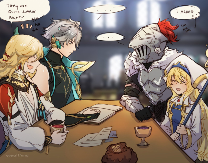 1girl 3boys :d alcohol armor artist_name bag bangs bare_shoulders black_gloves blonde_hair blurry blurry_background blush book character_request closed_eyes cup full_armor fur_collar genshin_impact gloves goblin_slayer goblin_slayer! grey_hair helm helmet highres holding holding_staff long_hair long_sleeves multiple_boys open_book open_mouth priestess_(goblin_slayer!) short_hair sierra117renner smile staff table wine