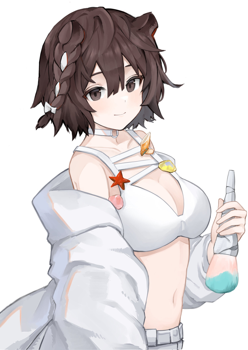 1girl absurdres animal_ears arknights bare_shoulders bikini braid breasts brown_eyes brown_hair choker cleavage commentary hair_between_eyes highres holding jacket large_breasts looking_at_viewer navel off_shoulder official_alternate_costume open_clothes open_jacket rain_(rain8649) roberta_(arknights) roberta_(summer_flowers)_(arknights) short_hair simple_background smile solo stomach swimsuit upper_body white_background white_bikini white_choker white_jacket