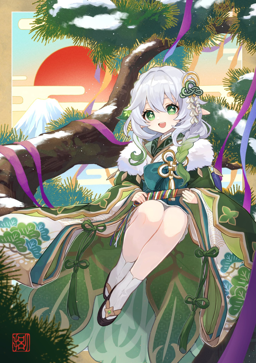 1girl 8_(e_uu88) :d alternate_costume alternate_hairstyle black_footwear braid chinese_knot cloud colored_tips cross-shaped_pupils egasumi full_body fur-trimmed_kimono fur_trim genshin_impact green_eyes green_hair green_kimono hair_ornament hair_over_shoulder highres holding japanese_clothes kimono leaf_hair_ornament long_hair long_sleeves mountain multicolored_hair nahida_(genshin_impact) open_mouth pointy_ears print_kimono side_braid sitting smile socks solo sun symbol-shaped_pupils tassel tree white_hair white_socks wide_sleeves