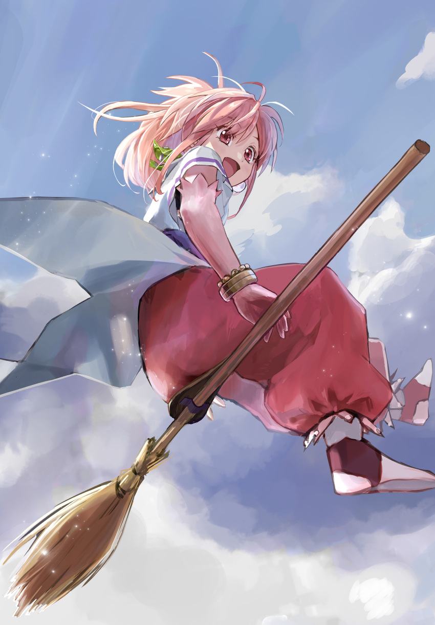 1girl absurdres arche_klein blue_eyes blue_sky bracelet broom broom_riding cloud earrings elbow_gloves flying from_below gloves highres ishiyuki jewelry long_hair looking_afar open_mouth pants pink_eyes pink_hair pink_pants ponytail sitting sky smile solo tales_of_(series) tales_of_phantasia wide_ponytail