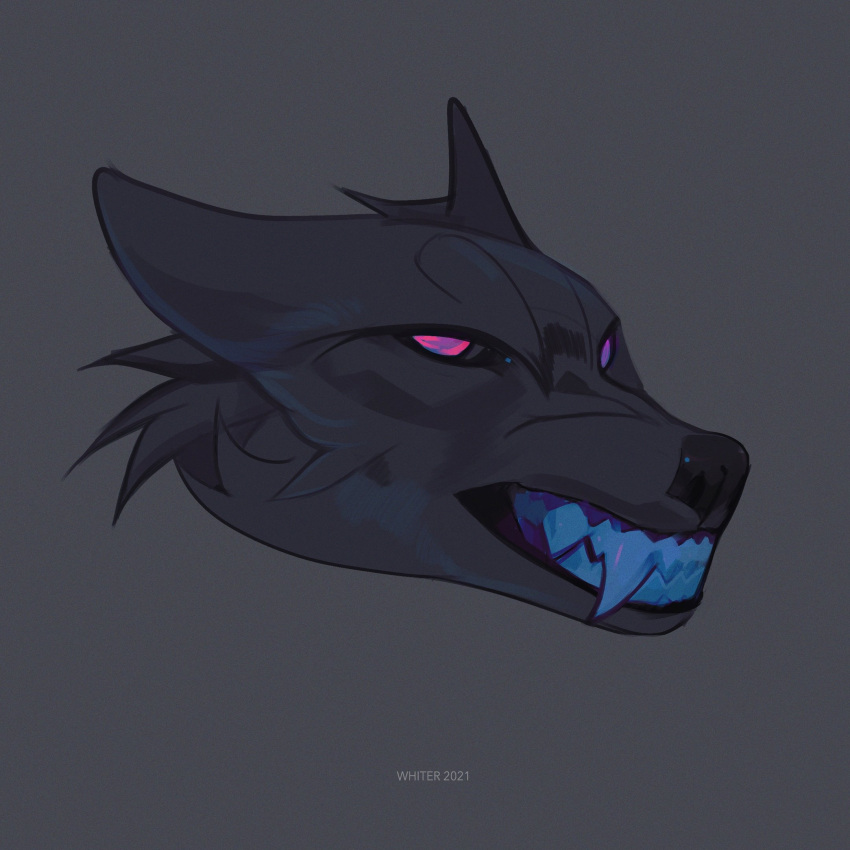 1:1 2021 ambiguous_gender artist_name black_nose blue_teeth canid cheek_tuft dated facial_tuft fangs fur grey_background grey_body grey_ears grey_fur grey_sclera headshot_portrait hi_res mammal no_pupils pink_eyes portrait purple_eyes sharp_teeth simple_background solo teeth tuft unknowhiter