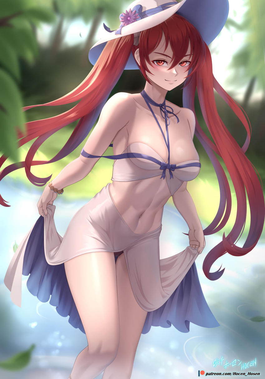 1girl absurdres artist_name bare_legs bare_shoulders between_breasts black_ribbon blurry blurry_background blush bracelet breasts cleavage closed_mouth collarbone day depth_of_field feet_out_of_frame fire_emblem fire_emblem_awakening hat highres holding jewelry long_hair medium_breasts navel neck_ribbon outdoors pond red_eyes red_hair ribbon sarong severa_(fire_emblem) smile smug solo standing stomach sun_hat thigh_gap toned twintails v-shaped_eyebrows very_long_hair vilde_loh_hocen wading water white_headwear