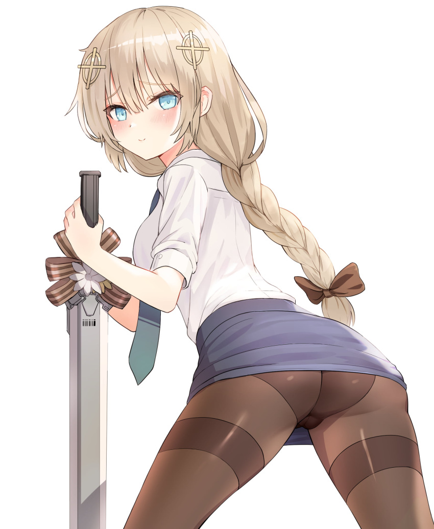 ass blonde_hair blue_eyes bow braid brown_bow choco_(girls'_frontline_nc) collared_shirt commentary_request cowboy_shot fnc_(girls'_frontline) from_behind girls'_frontline girls'_frontline_neural_cloud hair_between_eyes hair_bow hair_ornament highres holding holding_sword holding_weapon korean_commentary lemures long_hair looking_at_viewer looking_back necktie office_lady pantyhose pencil_skirt shirt short_sleeves simple_background skirt smile sword thighband_pantyhose weapon white_background white_shirt