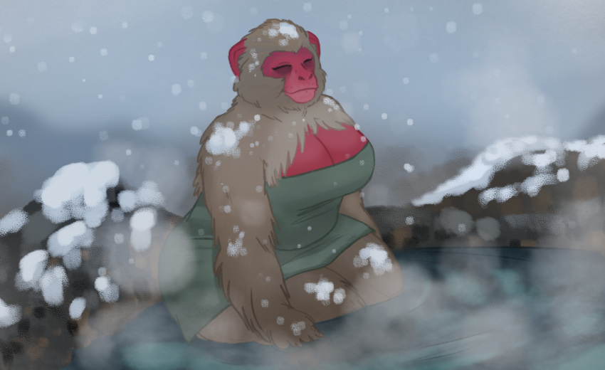 anthro bathing breasts cleavage clothed clothing deermary eyes_closed female fur green_towel grey_body grey_fur haplorhine hot_spring japanese_macaque legs_in_water macaque mammal mature_female monkey old old_world_monkey overweight overweight_female partially_submerged pink_body pink_skin primate solo steam thick_thighs tired_eyes towel towel_only water wide_hips