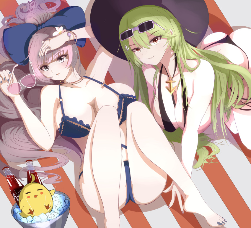 2girls absurdres all_fours ass azur_lane bikini black_bikini bow breasts eyewear_on_head foot_out_of_frame glass_bottle green_hair grey-framed_eyewear grey_eyes grey_hair hair_bow hamachi8 highres ice ice_bucket ice_cube large_breasts linked_bikini littorio_(azur_lane) littorio_(the_glory_of_naples)_(azur_lane) long_hair looking_at_viewer lying manjuu_(azur_lane) monokini multiple_girls o-ring o-ring_swimsuit official_alternate_costume on_back pink-tinted_eyewear purple_bikini purple_bow rectangular_eyewear soda_bottle swimsuit tinted_eyewear very_long_hair vittorio_veneto_(azur_lane) vittorio_veneto_(the_flower_of_la_spezia)_(azur_lane) white-framed_eyewear