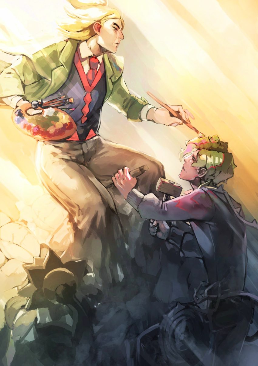 2boys bisen_(mirion_ray) black_vest blonde_hair brassius_(pokemon) brown_pants collared_shirt commentary_request green_hair green_jacket hammer hassel_(pokemon) highres holding holding_hammer holding_paintbrush jacket long_sleeves looking_up male_focus multiple_boys necktie open_clothes open_jacket paintbrush palette_(object) pants pokemon pokemon_(game) pokemon_sv red_necktie sculpting shirt vest whip white_shirt