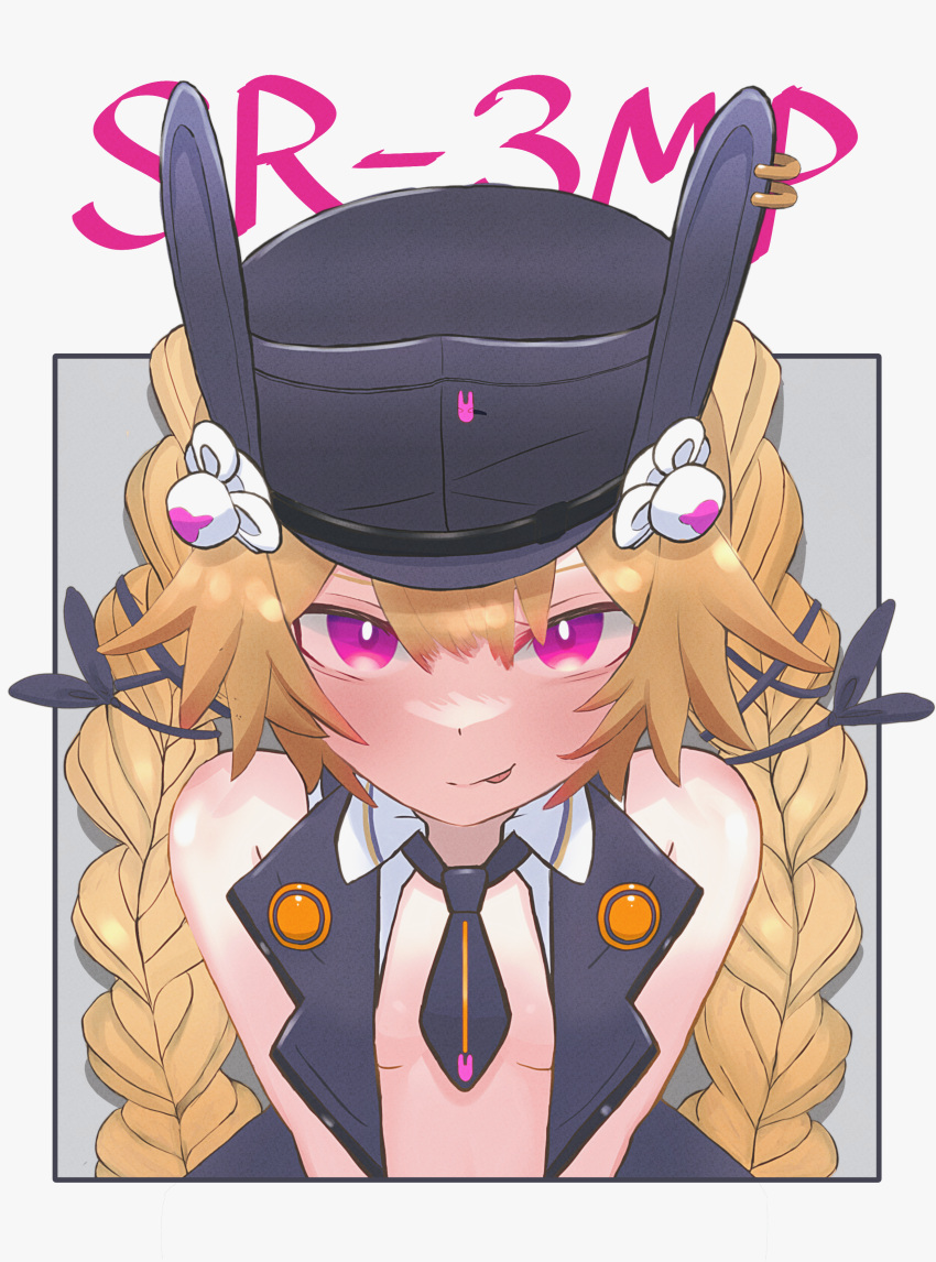 1girl :p absurdres animal_ears animal_hat bare_shoulders blonde_hair braid breasts character_name commentary girls'_frontline grey_background grin hair_between_eyes hat highres jacket long_hair looking_at_viewer necktie onigiri_samurai open_clothes open_jacket purple_eyes rabbit_ears rabbit_hat short_necktie sleeveless sleeveless_jacket small_breasts smile solo sr-3mp_(girls'_frontline) straight-on tongue tongue_out twin_braids upper_body