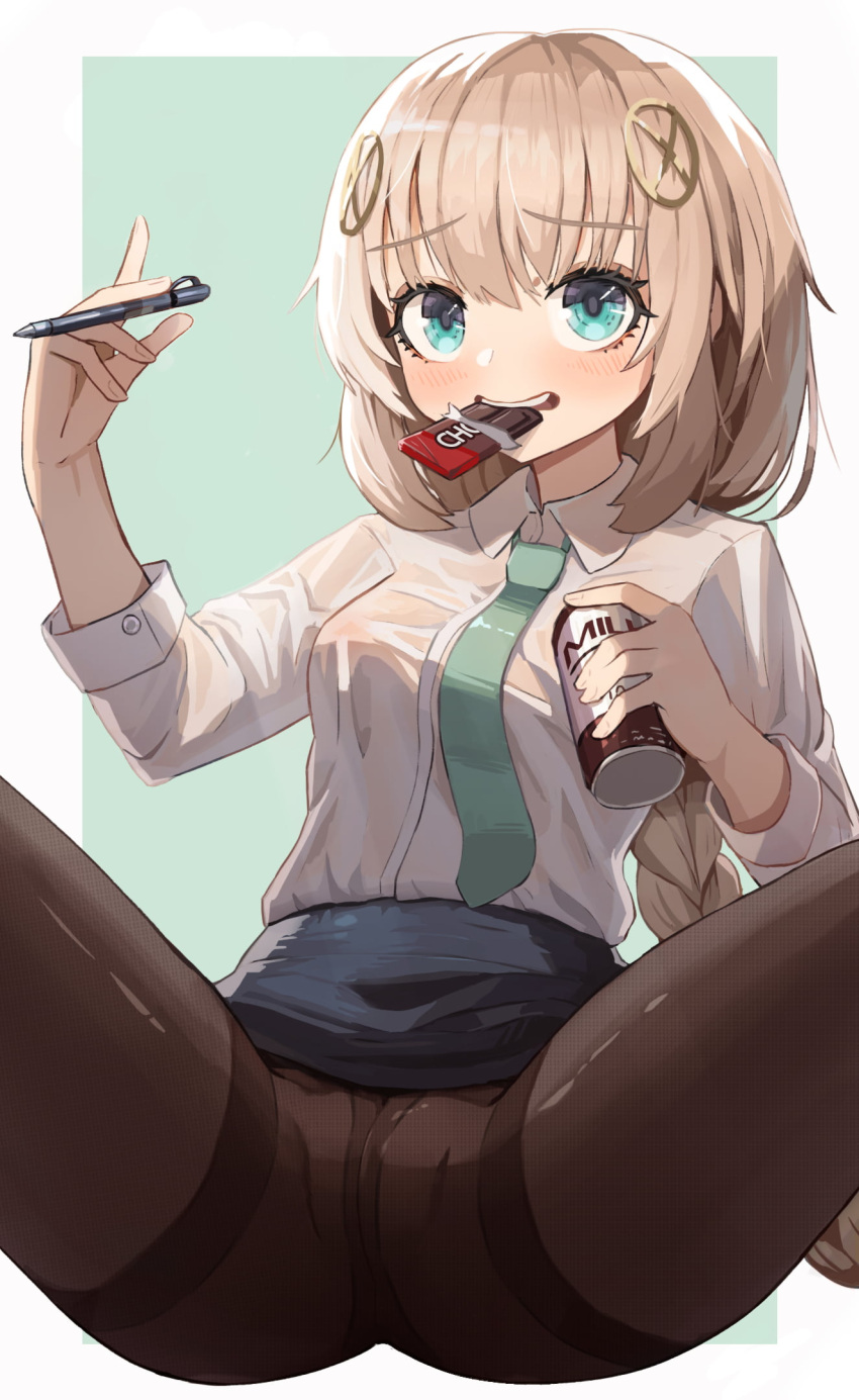1girl blonde_hair blue_eyes blue_skirt blush braid breasts can candy chocolate chocolate_bar clothes_lift collared_shirt commentary_request cowboy_shot crotch fnc_(girls'_frontline) food girls'_frontline green_background green_necktie grin groin hair_ornament highres holding holding_can korean_commentary lemures long_hair looking_at_viewer mechanical_pencil medium_breasts milk mouth_hold necktie pantyhose pencil pencil_skirt see-through shirt sitting skirt skirt_lift smile solo spread_legs thighband_pantyhose white_shirt
