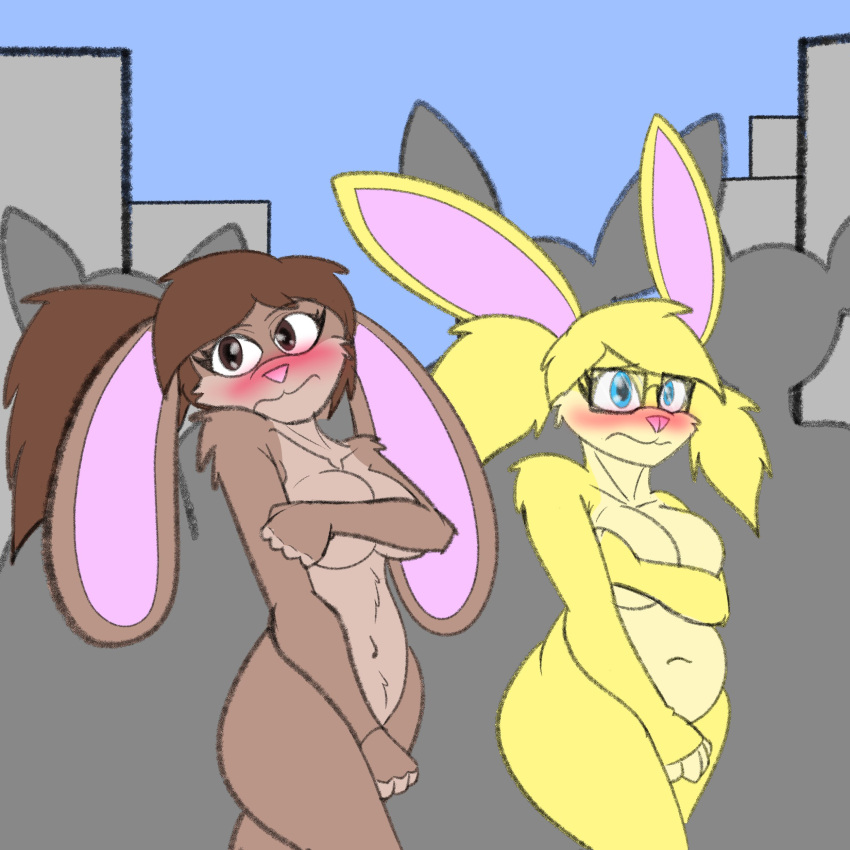 absurd_res anthro big_breasts birbpan blonde_hair blue_eyes blush blush_lines breasts brown_body brown_eyes brown_fur brown_hair covering covering_breasts covering_crotch duo embarrassed eyelashes eyewear female fur glasses hair hi_res lagomorph leporid mammal navel nude rabbit slightly_chubby square_glasses thick_thighs wide_hips yellow_body yellow_fur