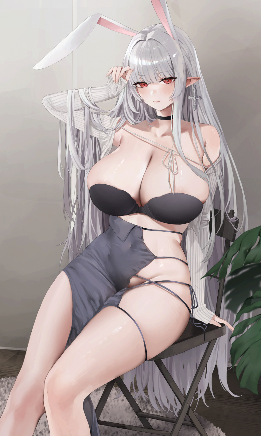1girl absurdres animal_ears arm_up asymmetrical_clothes bangs bare_shoulders black_bra black_choker blush bra breasts carpet choker cleavage closed_mouth collarbone commission covered_navel gompang_11 grey_hair grey_skirt groin high-waist_skirt highres huge_breasts indoors long_hair long_sleeves looking_at_viewer mole mole_under_eye nipple_slip nipples no_panties original pointy_ears rabbit_ears red_eyes skindentation skirt sleeves_past_wrists smile solo strapless strapless_bra underwear very_long_hair