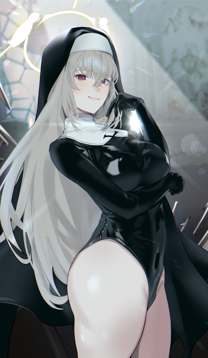 1girl absurdres ass black_gloves blue_archive breasts covered_navel elbow_gloves gloves grey_hair grin halo highres joboe justina_follower_(blue_archive) large_breasts leotard long_hair looking_at_viewer nun purple_eyes sakurako_(blue_archive) smile solo veil