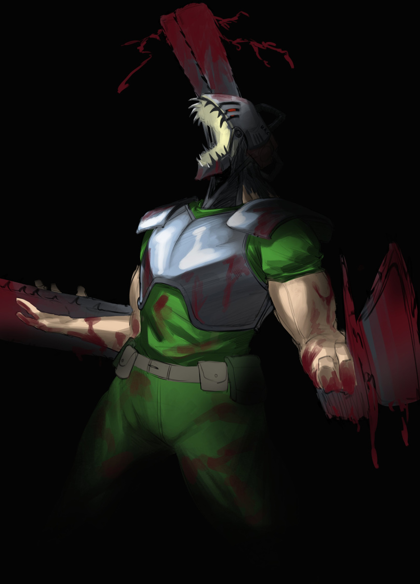 1boy absurdres armor belt black_background blood blood_on_clothes blood_on_weapon blood_spray breastplate chainsaw_man cosplay dankwoll dark_background denji_(chainsaw_man) doom_(series) doomguy doomguy_(cosplay) green_pants green_shirt highres open_mouth pants sharp_teeth shirt simple_background solo teeth utility_belt weapon