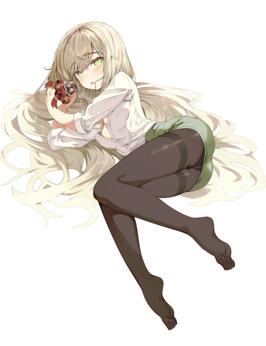 1girl absurdres ass blonde_hair blush breasts chocolate cleavage commentary eucharist_(girls'_frontline_nc) fang full_body girls'_frontline girls'_frontline_neural_cloud green_eyes green_skirt hair_down hair_in_own_mouth highres holding lemures long_hair looking_at_viewer lying no_shoes office_lady on_side open_clothes open_mouth open_shirt panties panties_under_pantyhose pantyhose pencil_skirt red_ribbon ribbon shirt simple_background skin_fang skirt sleeves_rolled_up small_breasts solo thighband_pantyhose underwear valentine very_long_hair white_background white_shirt