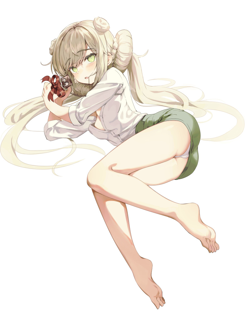 1girl absurdres ass bare_legs barefoot blonde_hair blush breasts chocolate cleavage commentary double_bun eucharist_(girls'_frontline_nc) fang full_body girls'_frontline girls'_frontline_neural_cloud green_eyes green_skirt hair_bun hair_in_own_mouth highres holding lemures long_hair looking_at_viewer lying office_lady on_side open_clothes open_mouth open_shirt panties pencil_skirt red_ribbon ribbon shirt simple_background skin_fang skirt sleeves_rolled_up small_breasts solo twintails underwear valentine very_long_hair white_background white_panties white_shirt