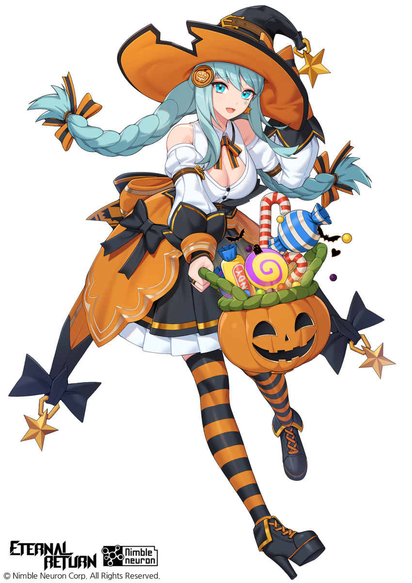1girl aqua_hair bare_shoulders black_footwear black_skirt black_survival blue_eyes boots braid breasts c.honey candy candy_cane cleavage detached_sleeves emma_hardy eternal_return:_black_survival food halloween_bucket halloween_costume hat high_heel_boots high_heels highres jack-o'-lantern juliet_sleeves large_breasts lollipop long_hair long_sleeves looking_at_viewer official_art open_mouth pleated_skirt puffy_sleeves shirt simple_background skirt smile solo striped striped_thighhighs swirl_lollipop tachi-e thighhighs twin_braids twintails white_background white_shirt witch_hat