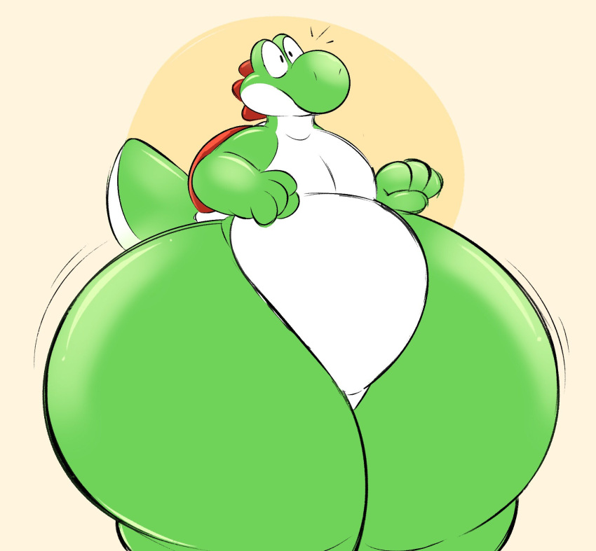 2023 anthro belly big_belly big_butt biped butt digital_media_(artwork) dinosaur green_yoshi hi_res huge_butt hyper hyper_butt hyper_hips male mario_bros nintendo nude reptile scalie simple_background solo taylor_fawks thick_thighs wide_hips yoshi