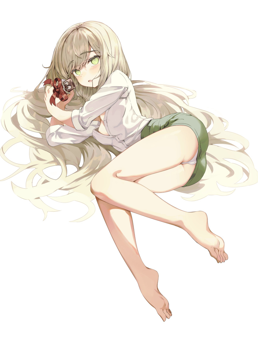 1girl absurdres ass bare_legs barefoot blonde_hair blush breasts chocolate cleavage commentary eucharist_(girls'_frontline_nc) fang full_body girls'_frontline girls'_frontline_neural_cloud green_eyes green_skirt hair_down hair_in_own_mouth highres holding lemures long_hair looking_at_viewer lying office_lady on_side open_clothes open_mouth open_shirt panties pencil_skirt red_ribbon ribbon shirt simple_background skin_fang skirt sleeves_rolled_up small_breasts solo underwear valentine very_long_hair white_background white_panties white_shirt