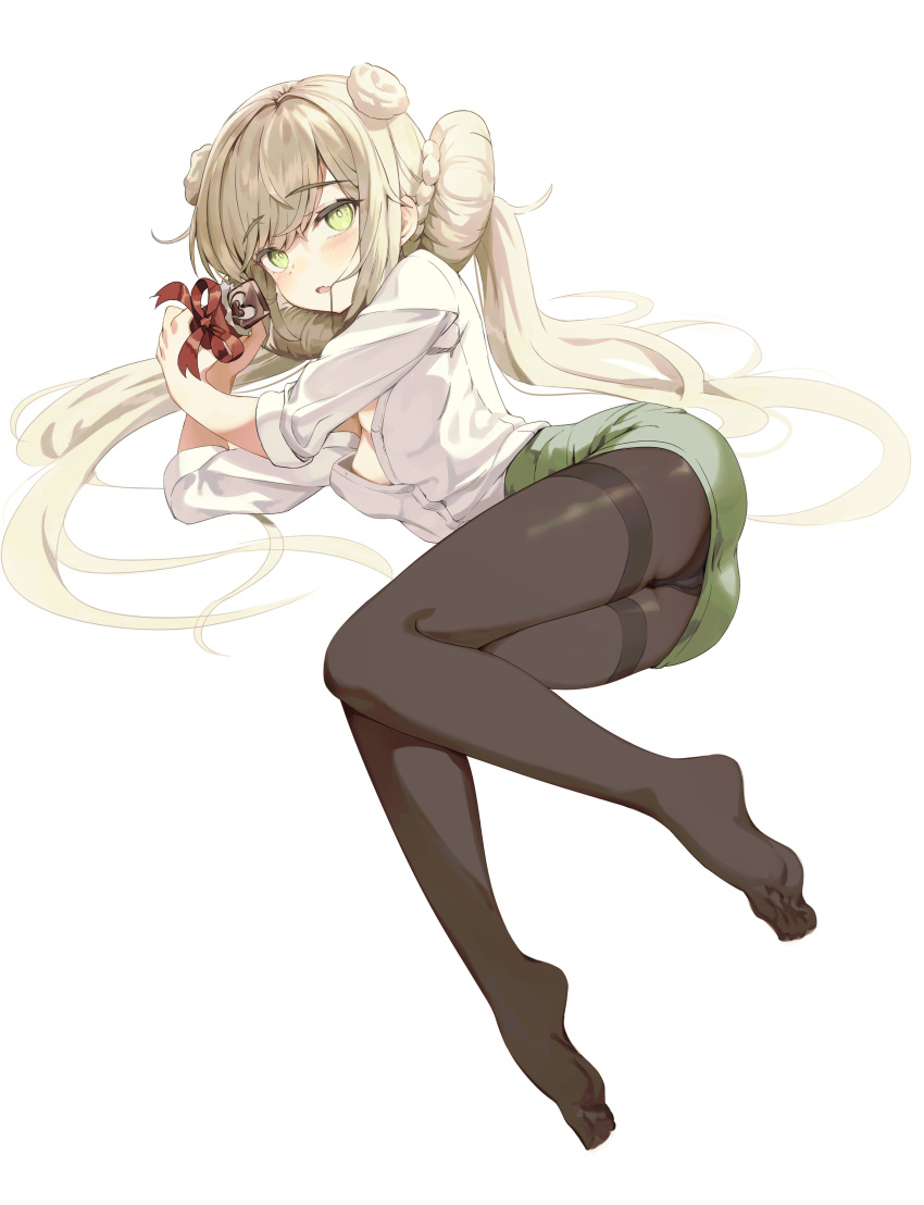 1girl absurdres ass blonde_hair blush breasts chocolate cleavage commentary double_bun eucharist_(girls'_frontline_nc) fang full_body girls'_frontline girls'_frontline_neural_cloud green_eyes green_skirt hair_bun hair_in_own_mouth highres holding lemures long_hair looking_at_viewer lying no_shoes office_lady on_side open_clothes open_mouth open_shirt panties panties_under_pantyhose pantyhose pencil_skirt red_ribbon ribbon shirt simple_background skin_fang skirt sleeves_rolled_up small_breasts solo thighband_pantyhose twintails underwear valentine very_long_hair white_background white_shirt