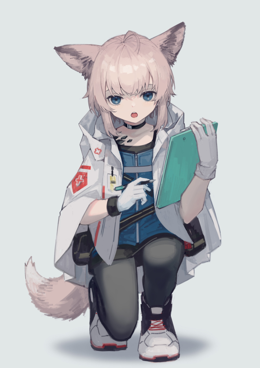 1girl :o absurdres animal_ears arknights black_choker black_pantyhose black_skirt blue_eyes blue_shirt brown_hair choker clipboard collarbone fox_ears fox_girl fox_tail full_body gloves highres holding holding_clipboard holding_pen jacket long_sleeves looking_at_viewer miike_(992058) miniskirt open_clothes open_jacket open_mouth oripathy_lesion_(arknights) pantyhose pen shirt shoes short_hair skirt sneakers solo squatting sussurro_(arknights) tail white_footwear white_gloves white_jacket