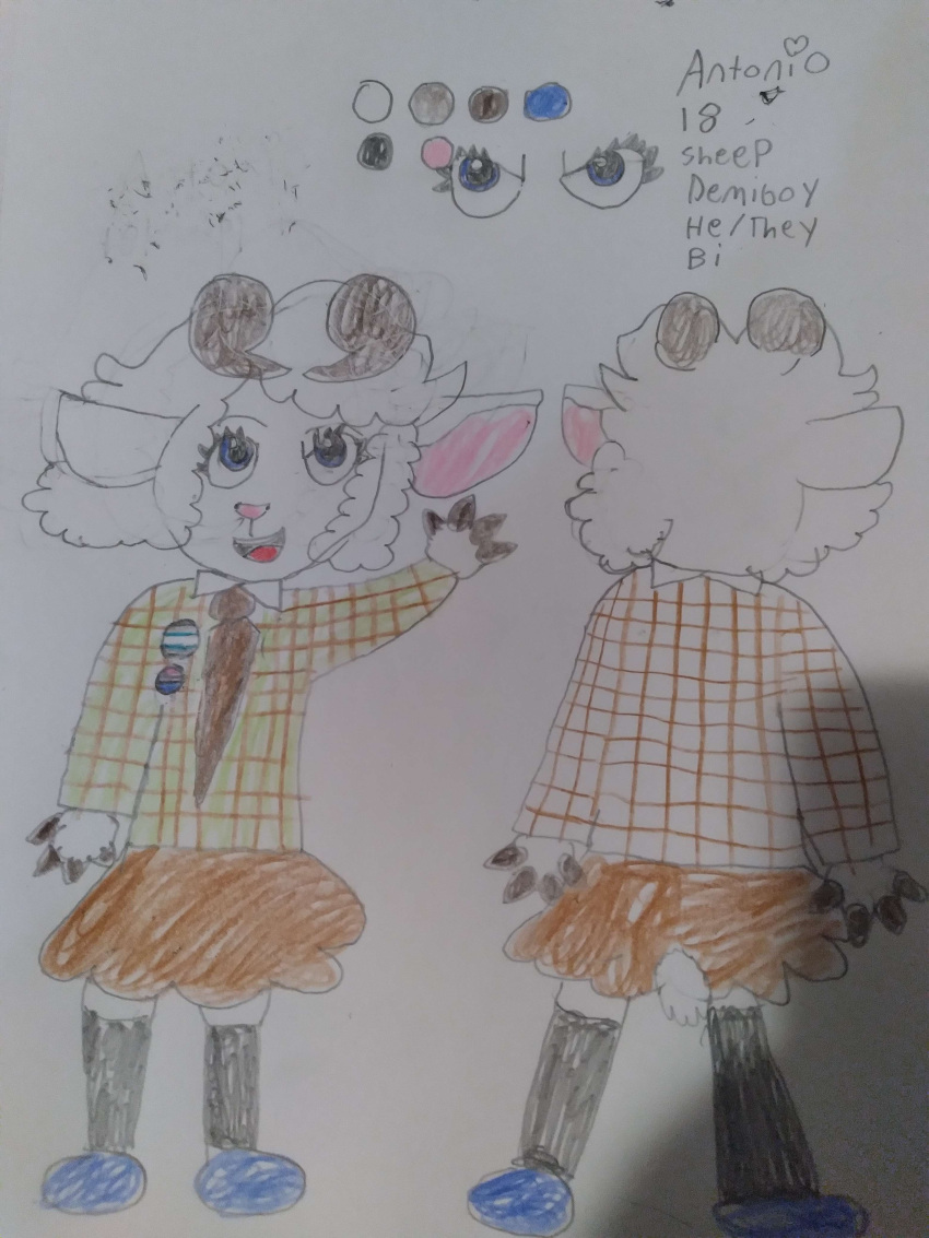 absurd_res ambiguous_gender anthro antonio_(antoniothesheep) antoniothesheep_(artist) bisexual_pride_colors blue_eyes bottomwear bovid caprine clothing demiboy_pride_colors eyelashes fingers fluffy fluffy_hair fluffy_tail girly hair hi_res hooved_fingers hooves horn knee_highs legwear lgbt_pride mammal model_sheet necktie nonbinary_(lore) pattern_clothing pink_nose plaid plaid_clothing pride_colors sheep skirt solo tail