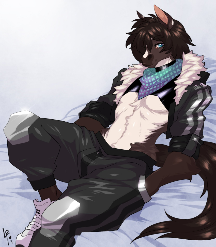 anthro arm_tuft biped blue_eyes brown_body brown_fur clothed clothing countershade_fur countershade_torso countershading elbow_tuft equid equine extremedash fur fur_tuft hi_res horse jones_(extremedash) luckypan male mammal smile solo tail tuft