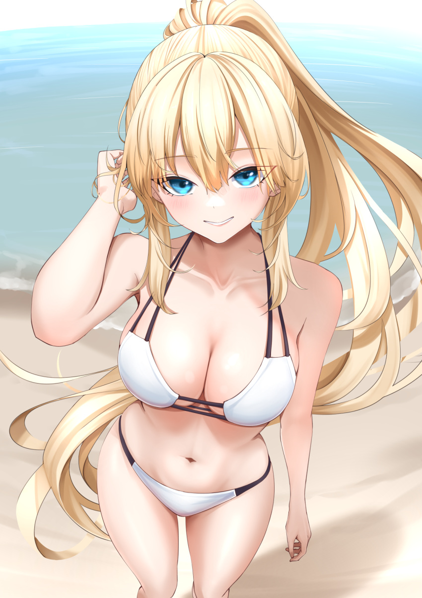 1girl beach bikini blonde_hair blue_eyes blue_sky breasts chinese_commentary cleavage cloud commentary_request day defaultkavy feet_out_of_frame from_above highres horizon large_breasts looking_at_viewer ocean original outdoors ponytail sky solo standing swimsuit white_bikini
