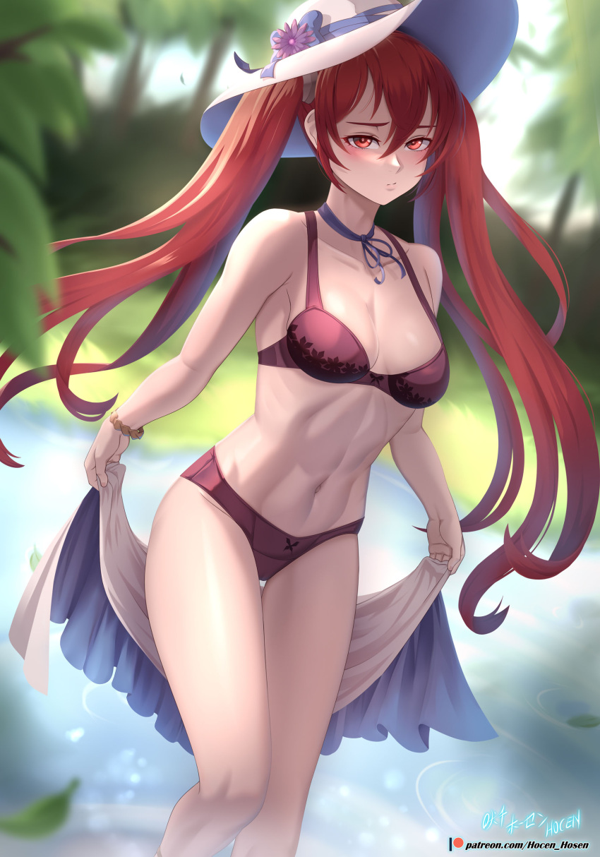 1girl absurdres artist_name bare_legs bare_shoulders bikini black_ribbon blurry blurry_background blush bracelet breasts cleavage closed_mouth collarbone day depth_of_field embarrassed feet_out_of_frame fire_emblem fire_emblem_awakening hat highres holding jewelry long_hair medium_breasts navel neck_ribbon outdoors pond purple_bikini red_eyes red_hair ribbon severa_(fire_emblem) solo standing stomach sun_hat swimsuit thigh_gap toned twintails very_long_hair vilde_loh_hocen wading water white_headwear