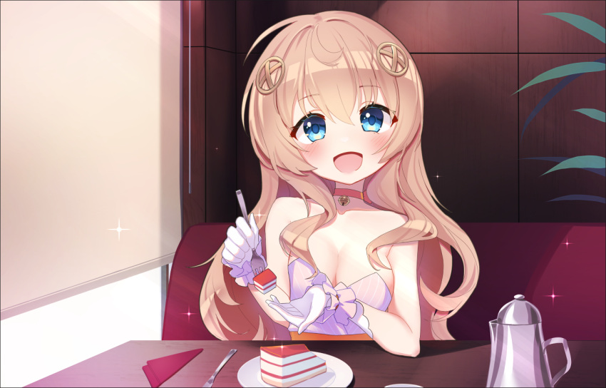 1girl :d anemielle bare_shoulders bell blonde_hair blue_eyes blush booth_seating breasts cake cake_slice choker cleavage commentary english_commentary fnc_(girls'_frontline) fnc_(strawberry_cake_&amp;_garden_cosmos)_(girls'_frontline) food fork girls'_frontline gloves hair_between_eyes hair_ornament holding holding_fork indoors large_breasts long_hair looking_at_viewer neck_bell official_alternate_costume open_mouth plate sitting smile solo sparkle table white_gloves