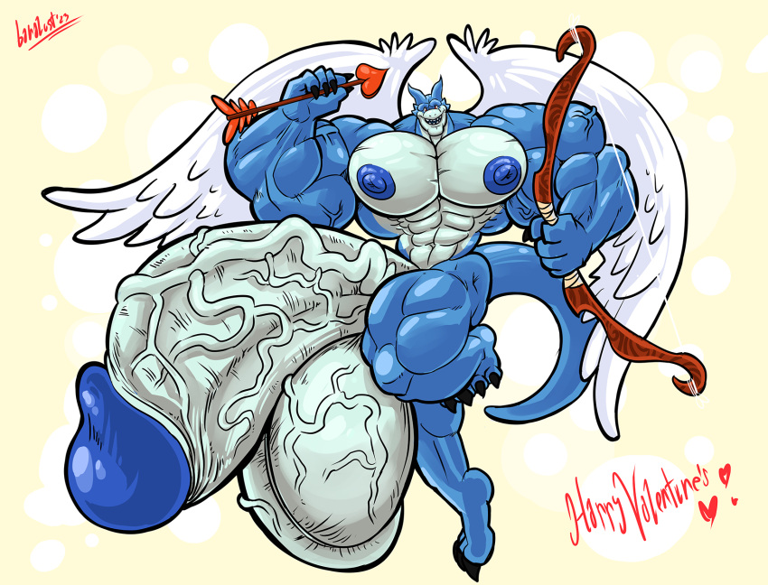 2023 4_fingers 5_fingers abs anthro arrow_(weapon) balls bandai_namco baralust big_balls big_penis blue_body blue_nipples blue_skin bow_(weapon) claws digimon digimon_(species) digital_media_(artwork) feathered_wings feathers fingers flamedramon genitals hi_res holding_object holidays huge_balls huge_penis humanoid_genitalia humanoid_penis hyper hyper_balls hyper_genitalia hyper_penis looking_at_viewer male muscular muscular_anthro muscular_male nipples nude penis ranged_weapon scalie signature smile solo teeth toe_claws valentine's_day vein veiny_muscles veiny_penis weapon white_body white_feathers wings ych_result