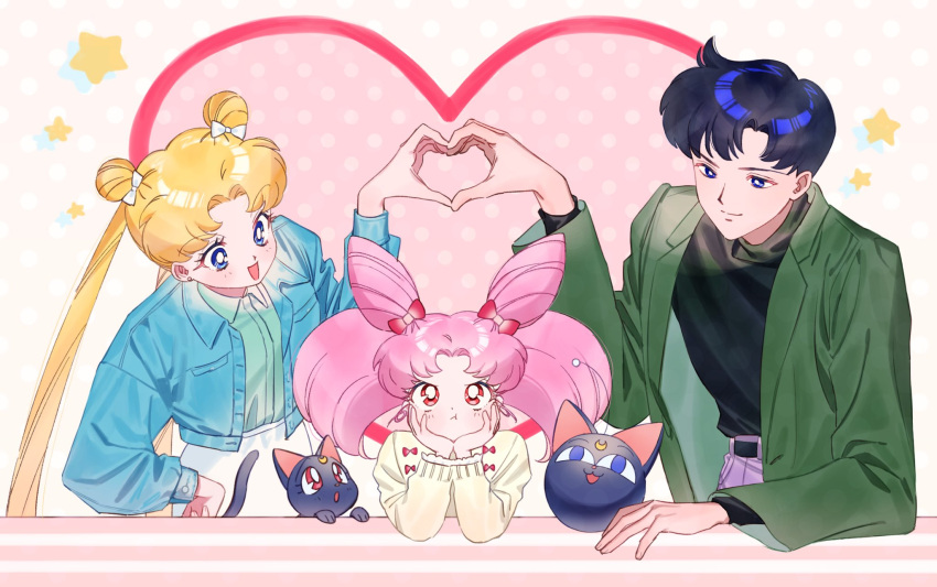 bangs belt bishoujo_senshi_sailor_moon black_hair black_shirt blonde_hair blue_eyes cat chiba_mamoru chibi_usa cone_hair_bun denim denim_jacket double_bun green_jacket green_shirt grey_pants hair_bun heart heart_hands heart_hands_duo highres jacket long_hair luna-p luna_(sailor_moon) p_m_ame pants parted_bangs pink_hair red_eyes shirt short_hair short_twintails skirt smile sweater tsukino_usagi turtleneck twintails very_long_hair white_skirt white_sweater