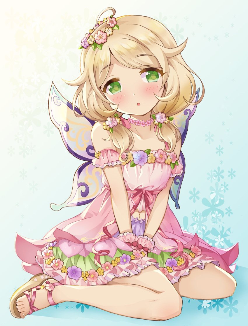 1girl :o ahoge bare_shoulders blush butterfly_wings child collarbone flat_chest flower flower_necklace flower_wreath frilled_skirt frills green_eyes highres idolmaster idolmaster_cinderella_girls idolmaster_cinderella_girls_starlight_stage looking_at_viewer low_twintails michii_yuuki navel sandals sitting skirt twintails wariza wings yusa_kozue