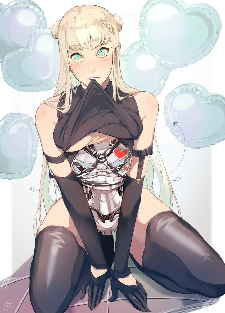 1girl absurdres android arm_garter bangs black_gloves black_thighhighs blonde_hair blush bottomless breasts clothes_lift commentary_request damaged detached_sleeves double_bun ecomoesty english_commentary gloves green_eyes hair_bun heart highres humanoid_robot kneeling lifted_by_self long_hair looking_at_viewer mechanical_parts medium_breasts mixed-language_commentary mouth_hold multicolored_eyes no_bra no_pussy original robot robot_girl sleeveless sleeveless_turtleneck solo sticker thighhighs turtleneck v_arms very_long_hair yellow_eyes