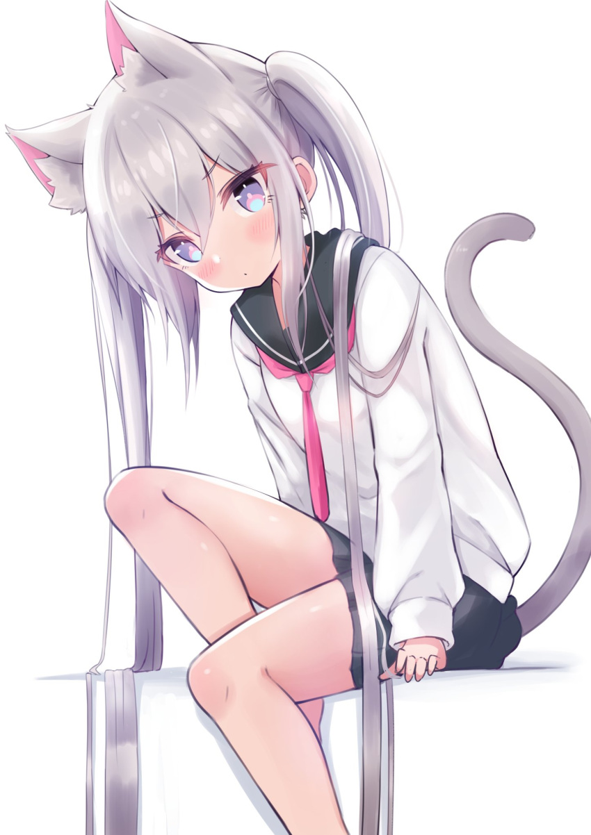 1girl animal_ear_fluff animal_ears blue_eyes blue_skirt blush cat_ears cat_girl cat_tail grey_hair highres long_hair looking_at_viewer original school_uniform serafuku shirt siragagaga sitting skirt solo tail thighs twintails very_long_hair white_shirt