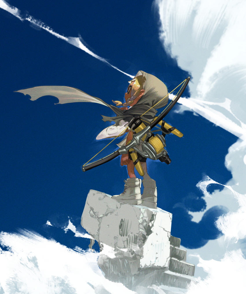 1girl absurdres arm_at_side bangs black_shorts blonde_hair blue_sky blunt_bangs bow_(weapon) braid closed_mouth cloud cloudy_sky contrail dark_skin day domino_mask facing_away fishing_line full_body grey_scarf hand_up highres hood inkling inkling_girl kento_matsuura looking_up mask orange_eyes outdoors over_shoulder pointy_ears rubble scarf shirt shoes short_eyebrows short_shorts short_sleeves shorts side_braid sky sneakers solo splatoon_(series) splatoon_3 stairs standing tentacle_hair tri-stringer_(splatoon) weapon weapon_over_shoulder white_shirt wind wind_lift