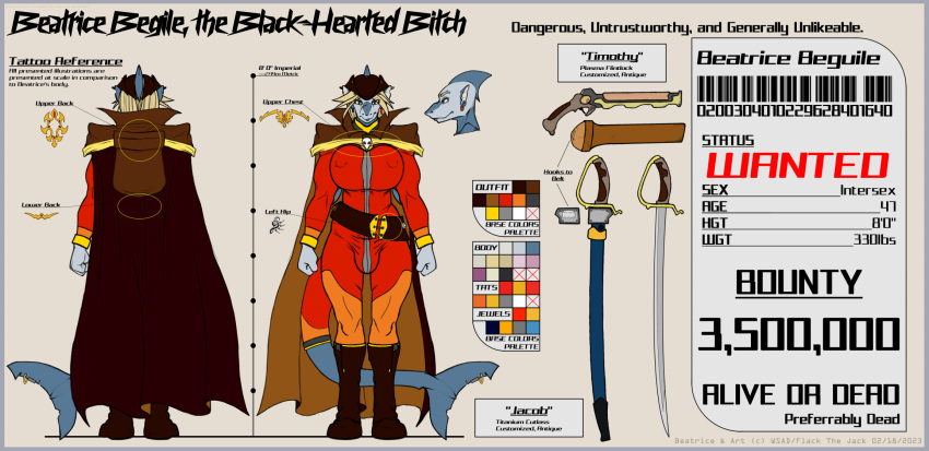 anthro athletic beatrice_beguile belt big_breasts blonde_hair bodysuit breasts bulge cape cloak clothing english_text fin fish front_view great_white_shark gun gynomorph hair handgun hat headgear headwear hi_res intersex lamnid lamniform marine melee_weapon model_sheet pirate pirate_hat pistol ranged_weapon rear_view shark skinsuit solo sword tattoo text tight_clothing weapon wide_hips wsad_(artist)