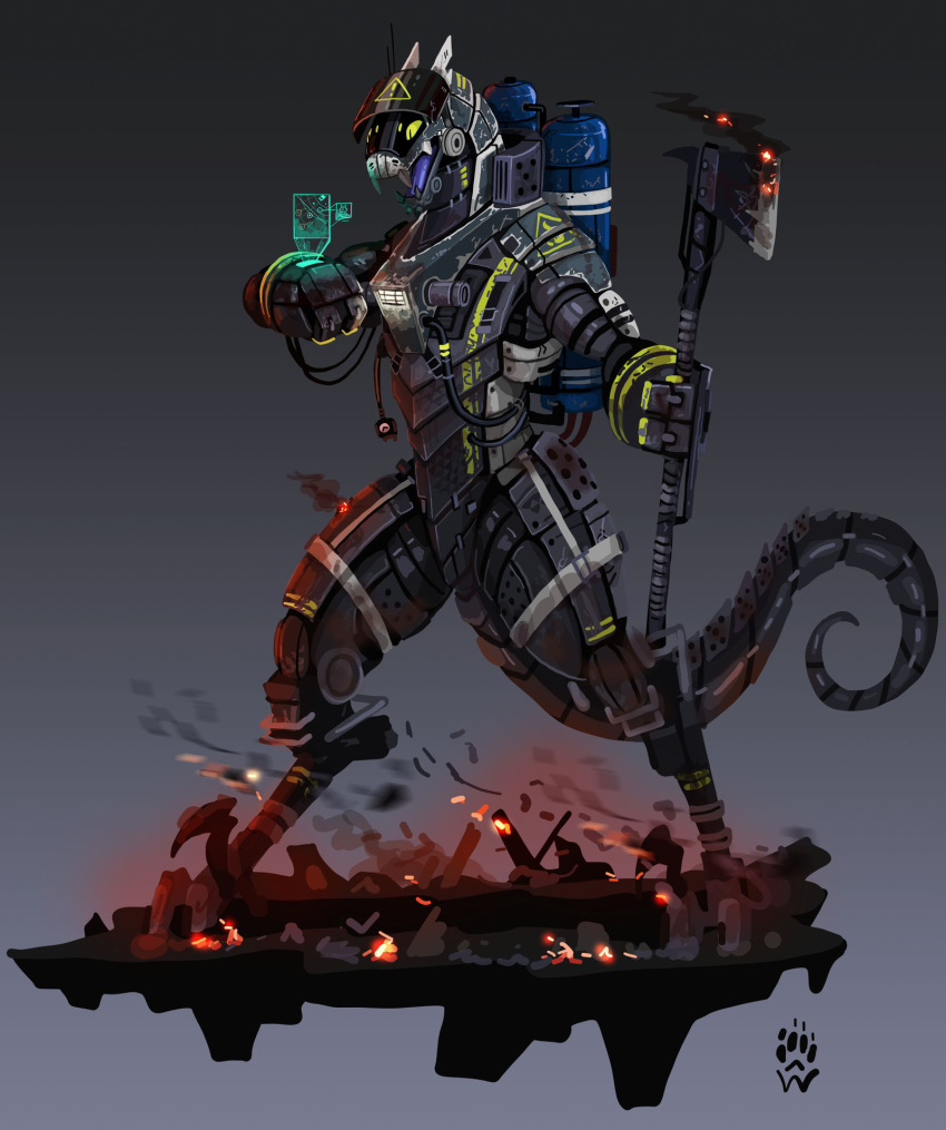 2021 anthro axe digitigrade firefighter hi_res hologram machine male nude open_mouth robot simple_background solo standing synth_(vader-san) wolfdawg