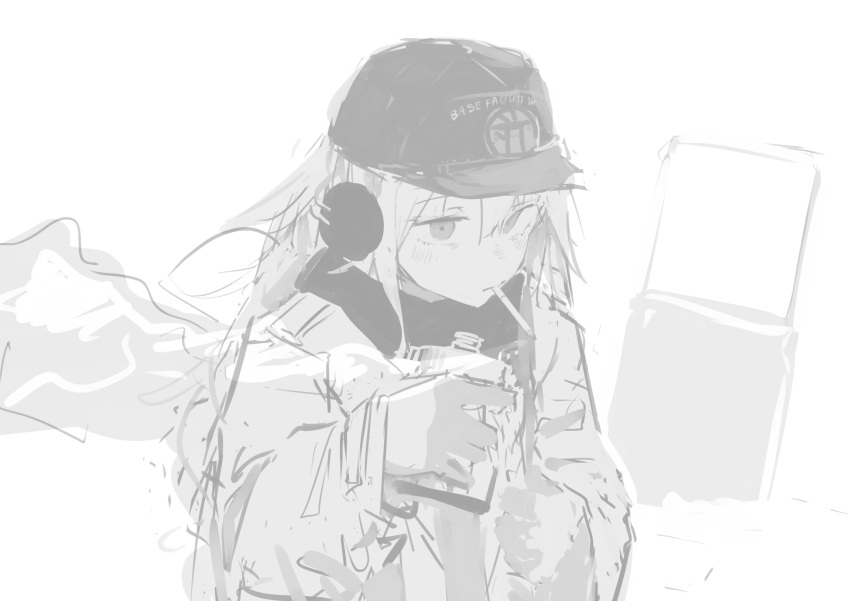 1girl can cigarette english_text greyscale headphones hibiki_(kancolle) highres holding holding_can kantai_collection kappa_modoki monochrome smoke_trail smoking visor_cap